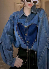 Französisch Blau Peter Pan Kragen Taste Patchwork Denim Shirts Top Herbst